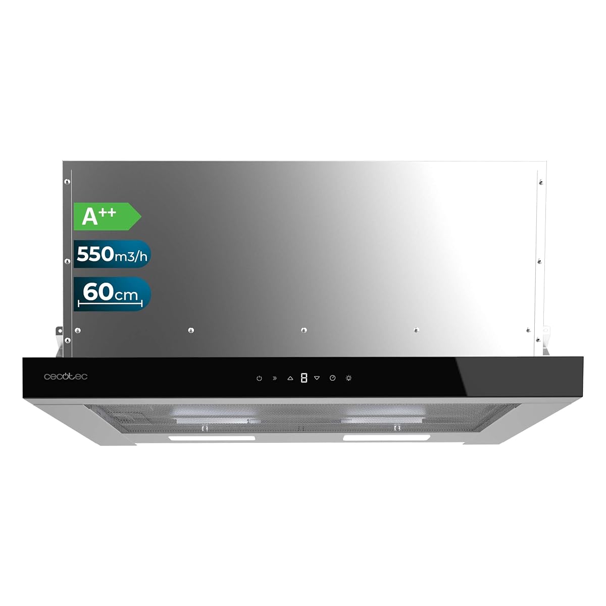 Cecotec Teleskopowy okap kuchenny 60 cm TLT 605500 Glass Black A++. Silnik 70 W, niskie zużycie, białe szkło czołowe, moc 550 m³/h, sterowanie dotykowe i gesty, filtr węglowy