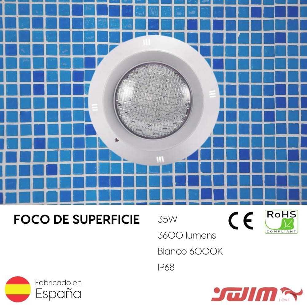 SWIMHOME Pack Iluminación Piscina | 2 Focos LED de Superficie + Control Remoto ON/Off | ABS Blanco Resistente | Ø29 cm 35W 12V/AC Blanco Frío 6000k