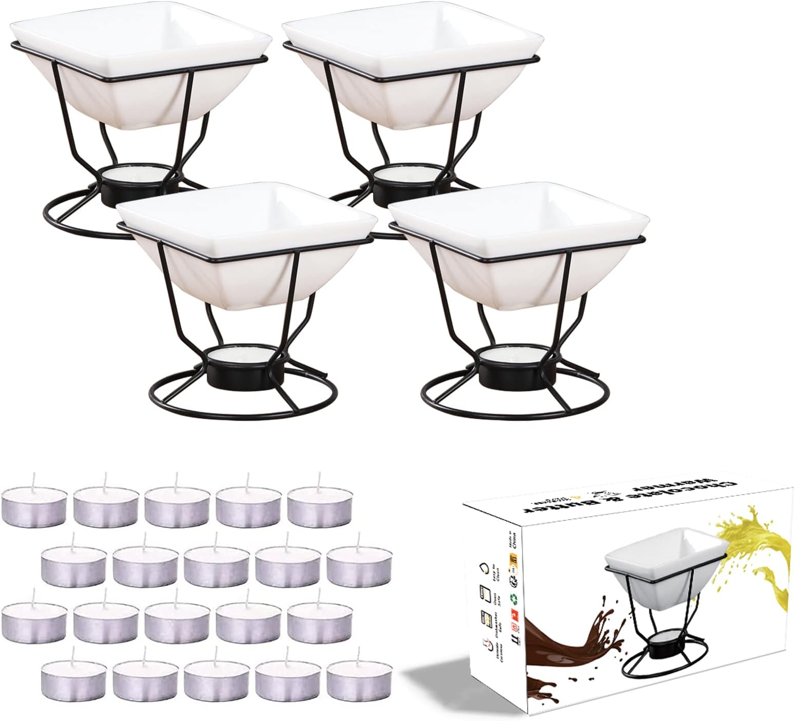 Luvan 7oz Butter Warmers for Seafood with 20 Tealight,4Pcs Ceramic Butter Warmers Set for Chocolate Butter Cheese,Ceramic Bowl Oven Microware Dishwasher Safe,Perfect for family dip Fruit,Dessert,Snack