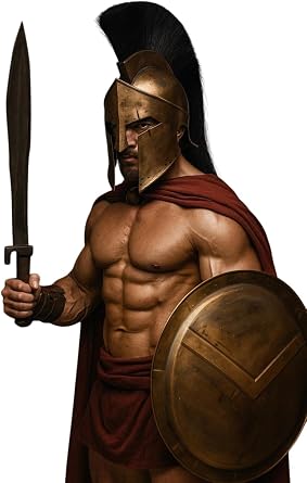 Battle Damage Spartan Helmet with Shield 300 King Leonidas Full Costume, Spartan Muscle Armor Costume King Leonidas