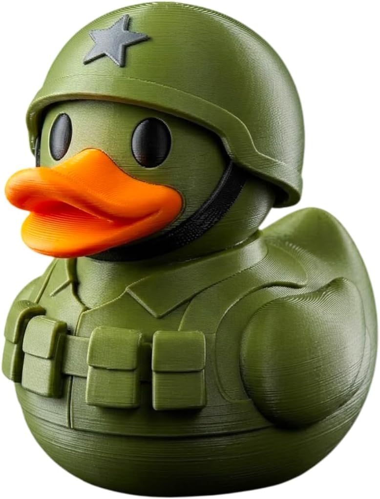 Army Soldier Duck Figurine in Olive Green Military Uniform with Helmet - Veteran Collectible Desk Decor for Adults - 3D Printed in Canada