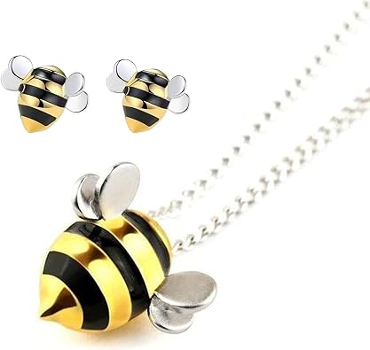 Ujicde Bee Studs Earrings Necklace Set for Women, Adopt A Bee Necklace, Lovely Bees Earrings and Necklace, Pendant Necklace for Women Mothers Day Christmas Jewelry Gift