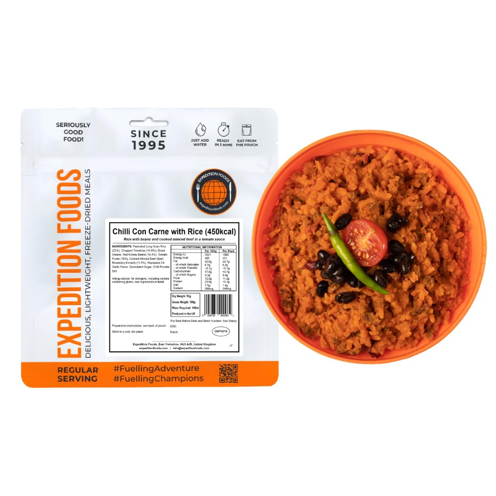 EXPEDITION FOODS Chilli Con Carne with Rice (Single Serving / 450KCAL) | Freeze-Dried Camping & Hiking Food