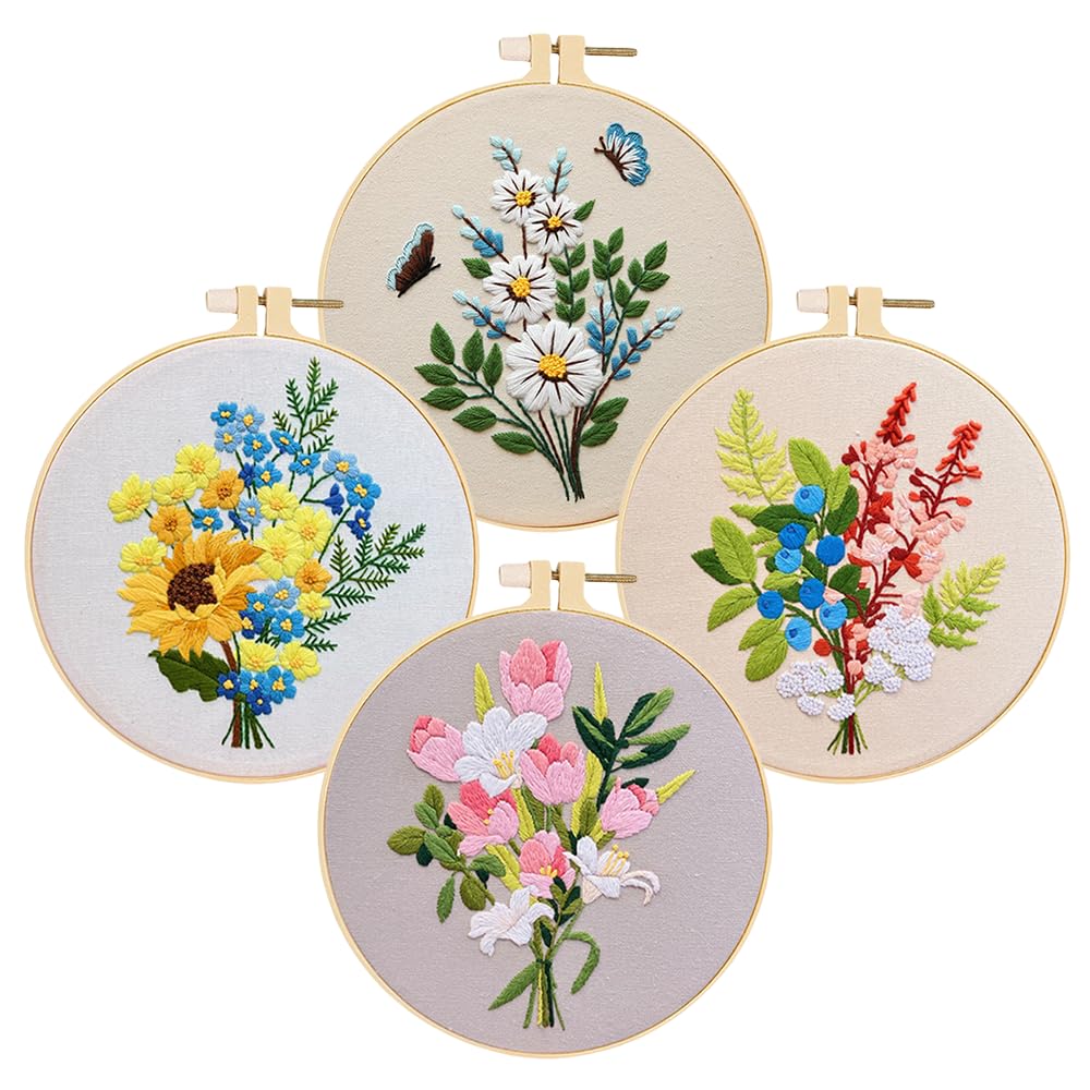 Huacan 4 Sets of Beginner Embroidery Kits, Embroidery Starter Kits, Including Cloth with Floral Patterns, Colored Threads, Needles, Hoops and Instructions (Floral)