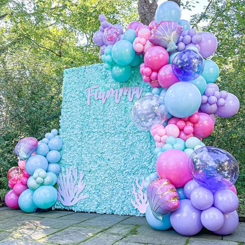 Image of Hot Pink and Purple Balloons, 12 Inch Purple Pink Teal Blue Mermaid Balloons, Metallic Purple Green Confetti Balloons for Girls Under The Sea Party Balloons Pink and Purple Birthday Decorations