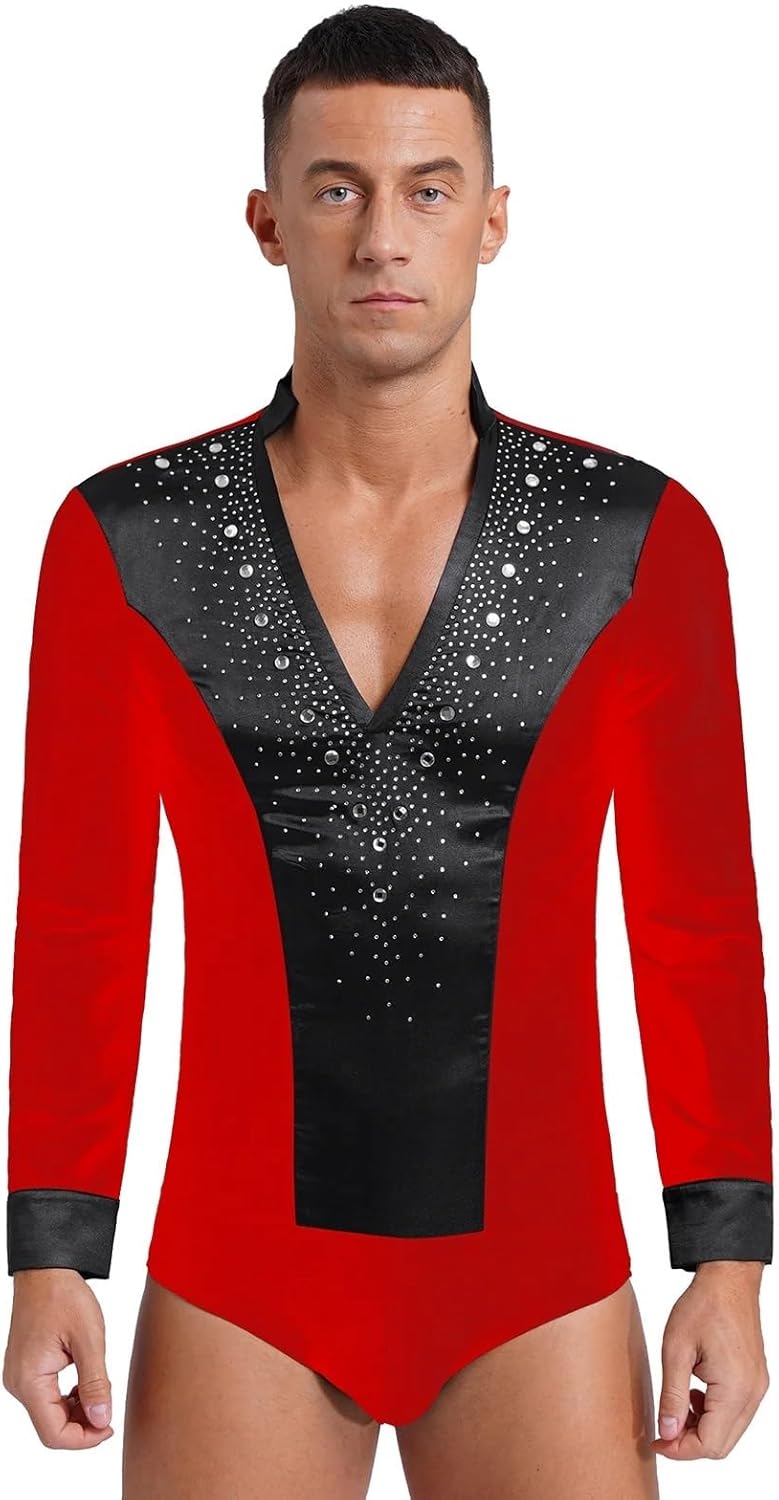 Mens Rhinestone V Neck Dance Shirts Unitard Ballroom Modern Latin Tango Rumba Long Sleeve Leotard Bodysuit Dancewear