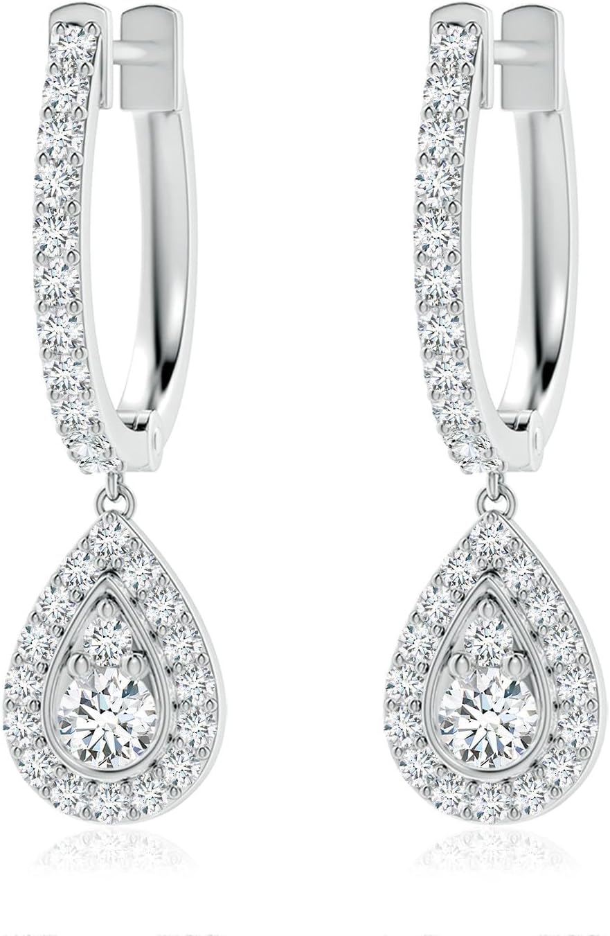 ANGARA Pave and Prong Set Diamond Teardrop Hoop Earrings in 14K Solid Gold/Platinum | Natural Pave and Prong Set Diamond Hoops for Women | April Birthday, Anniversary Jewelry Gift