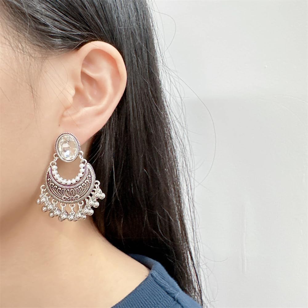 NewZenro Moon Shaped Imitation Pearls CZ Beaded Tassel Dangle Drop Earrings Indian Rectangle Choker Necklace Set for Women Silver Plated Fashion Boho Antique Bolloywood Jewelry - Image 5