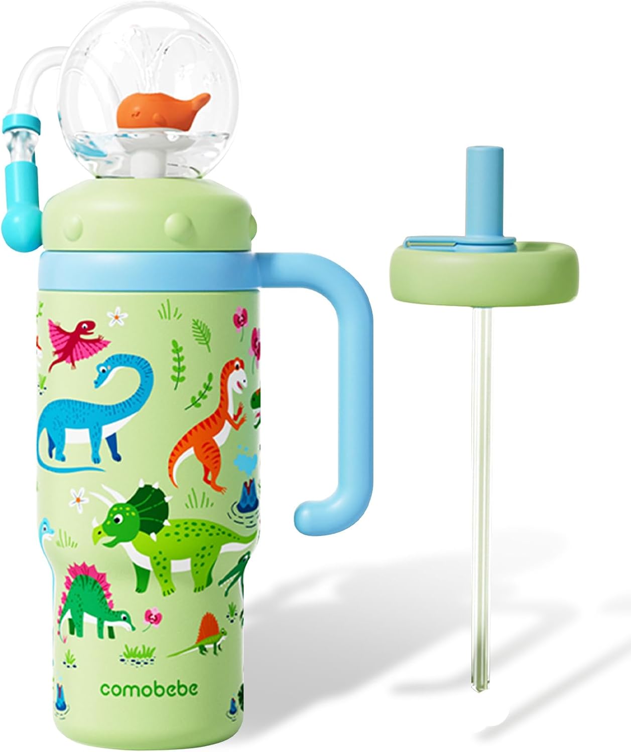 Whale Fountain Tumbler - 24oz Stainless Steel Whale Fountain Tumbler with Handle,Water Cup with Straw and Lid for Adults Kids (Dinosaurs)