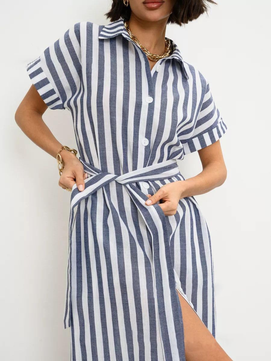 utcoco Women's 2025 Striped Short Sleeve Cotton Maxi Shirt Dress Belted Side Slit Button Down Dress with Pockets - Image 6