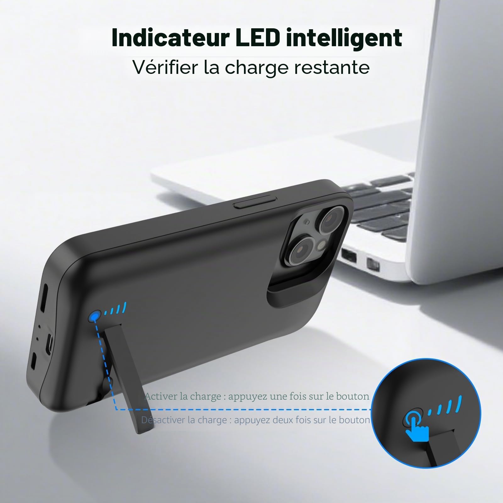Coque de Batterie pour iPhone 15, Véritable Étui de Charge Fin Rechargeable 8500 mAh avec Support, Batterie Externe de Protection Portable pour iPhone 15, 6,1 Pouces, Noir