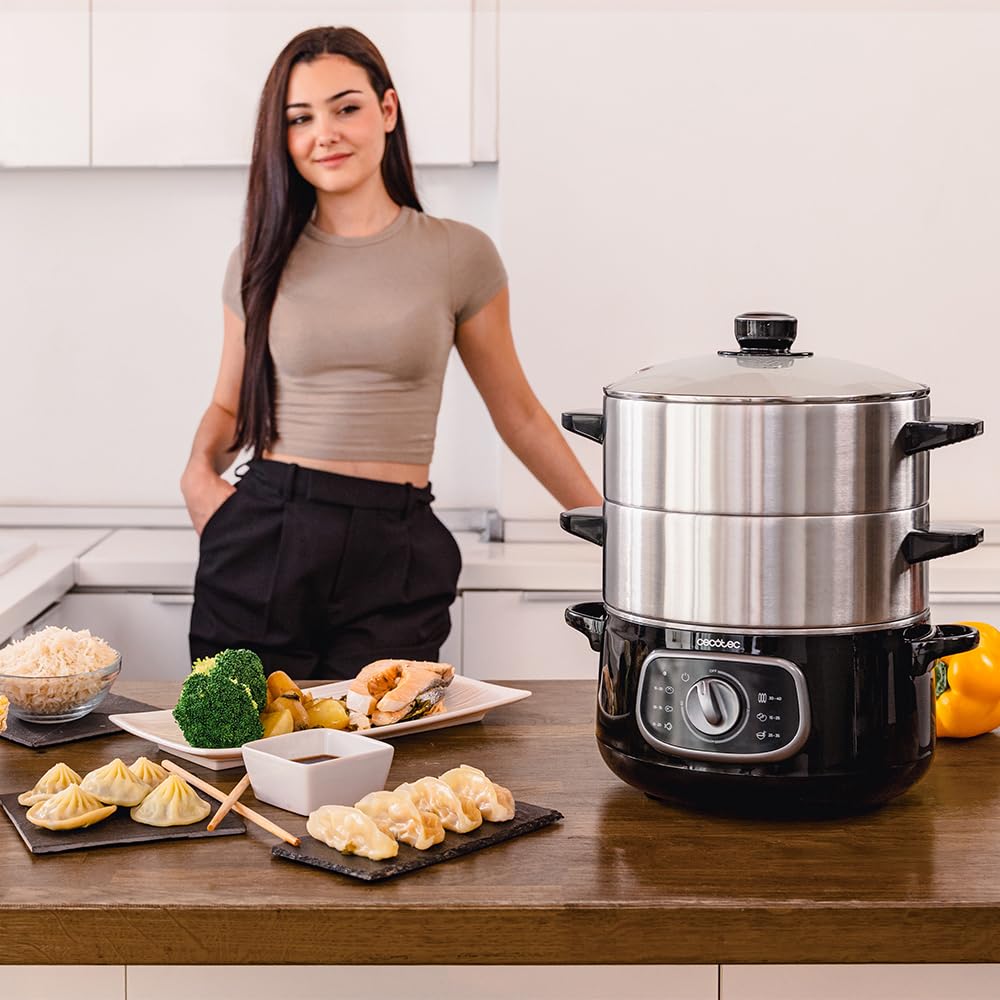 Cecotec Elektrischer Dampfgarer Vapovita Steelpot. Leistung 1300W, Edelstahlbehälter, 10L, einstellbare Zeit, Auto Abschaltung, einfache Reinigung, spezieller Deckel, gesundes Kochen, Sicherheit