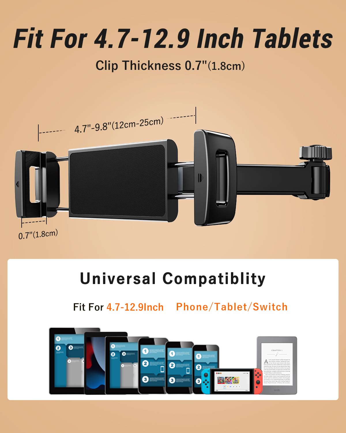 Verlängerungsarm Tablet-Halterung für Auto-Kopfstütze, verstellbare iPad-Halterung für Auto-Rücksitz, Rücksitz, für Kinder, Babys, Autohalterung, passend für 11,9 cm - 33 cm (4,7 - 13 Zoll
