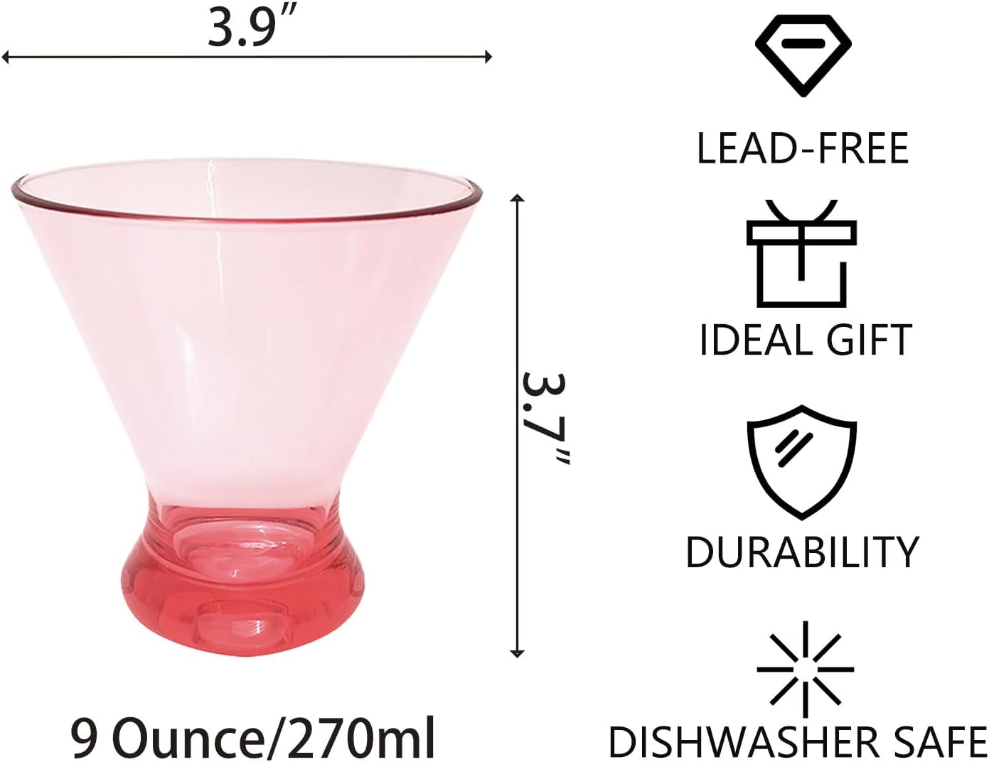 Yalin 9 oz Martini Glasses, Thick Base Stemless Acrylic Cocktail Glass for Margarita, Juice, Ice Cream, Reusable Drink Cups, Stackable, BPA-Free, Shatter Proof, Dishwasher Safe, Set of 6 (Pink)