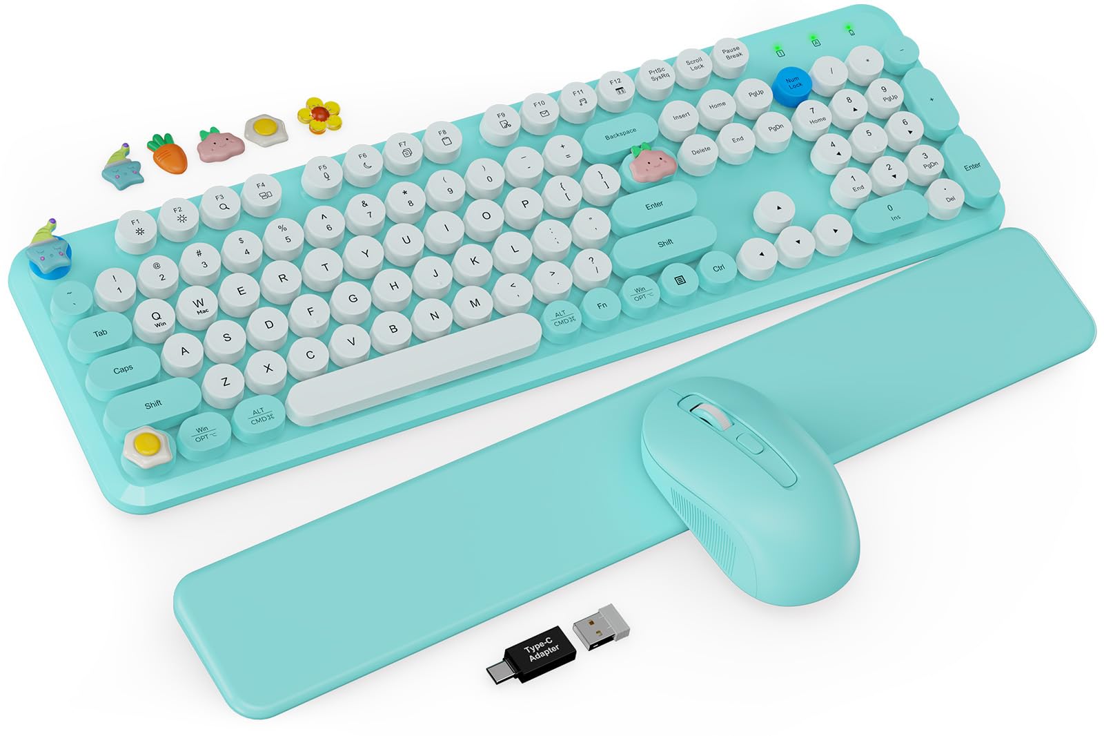 Wireless Keyboard and Mouse Combo - Cute Typewriter Keyboard with Detachable Wrist Rest, Retro Round Keycaps, Foldable Legs, 2.4GHz Full-Size Keyboard for PC, Laptop, Windows - Trueque (Glacier Blue)-image-25