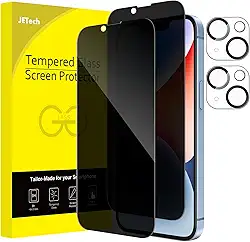 JETech Película de Vidro Temperado Cobertura Total de Privacidade para iPhone 14 6,1 Polegadas com Protetor Lente Câmera, Protetor de Tela Anti-Espião, 2 Pacotes Cada