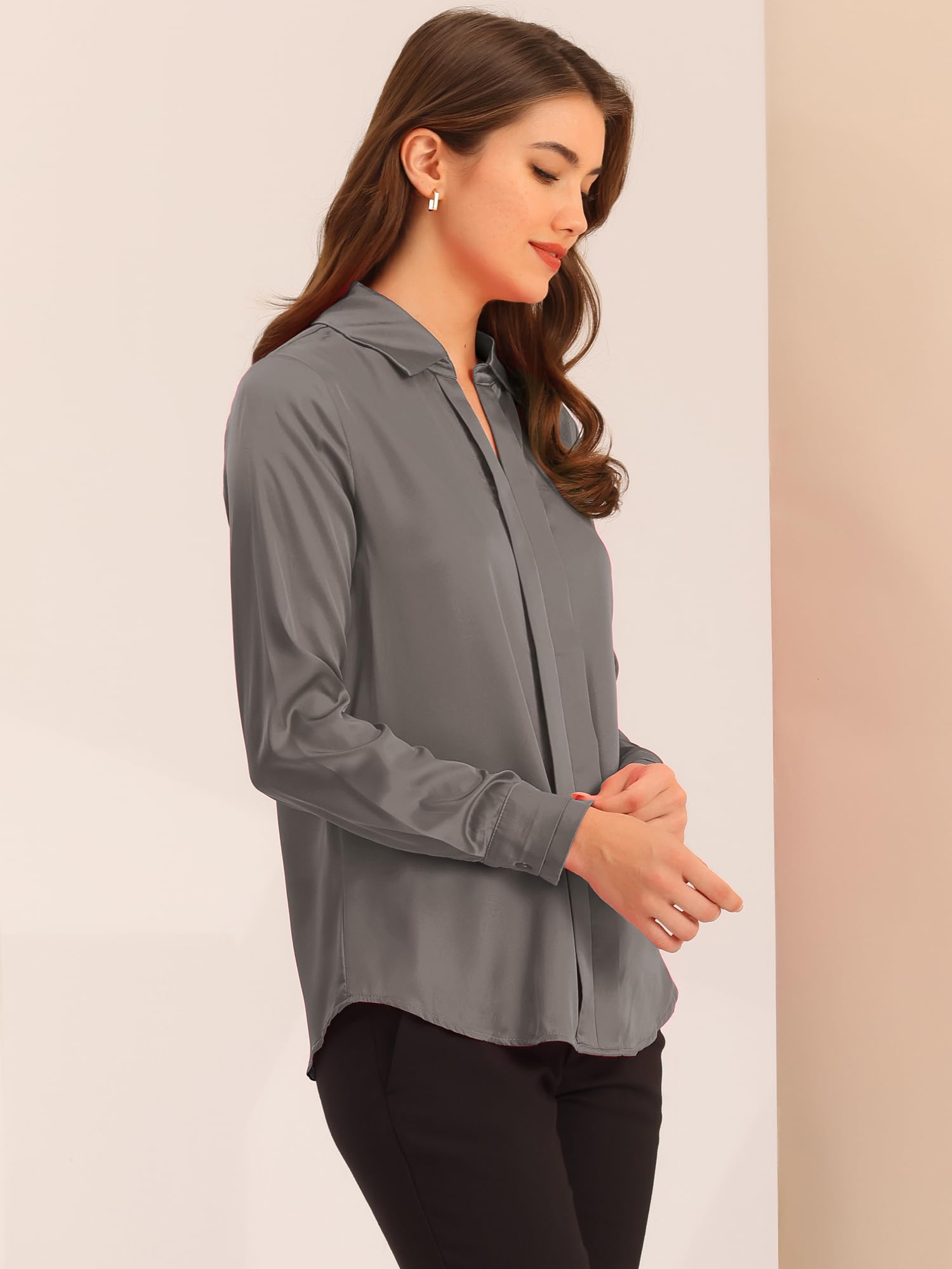 Allegra K Chemisier en satin élégant à manches longues et col en V pour femme, gris, Taille L