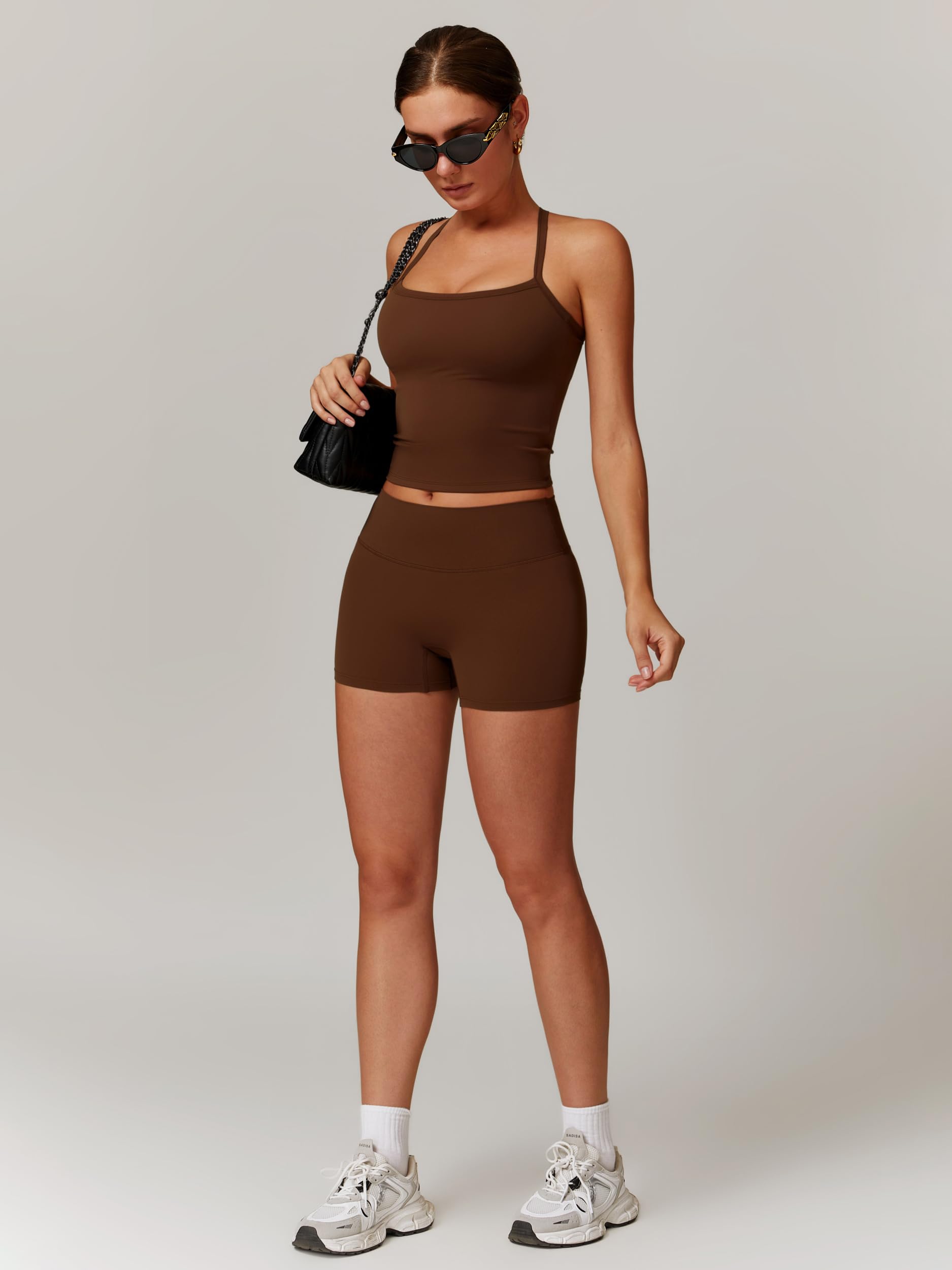 Odizli Set sportivo da donna senza maniche con reggiseno + pantaloncini a vita alta, per palestra, allenamento, yoga, fitness