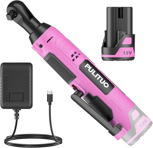 PULITUO 12V 3/8" Electric Ratchet Wrench, 40Ft-lbs Cordless Ratchet Wrench Kit with 2.0Ah Lithium-Ion Battery & 1H Fast Charge, Pink Cordless Ratchet,300RPM Variable Speed Power Ratcheting Wrench