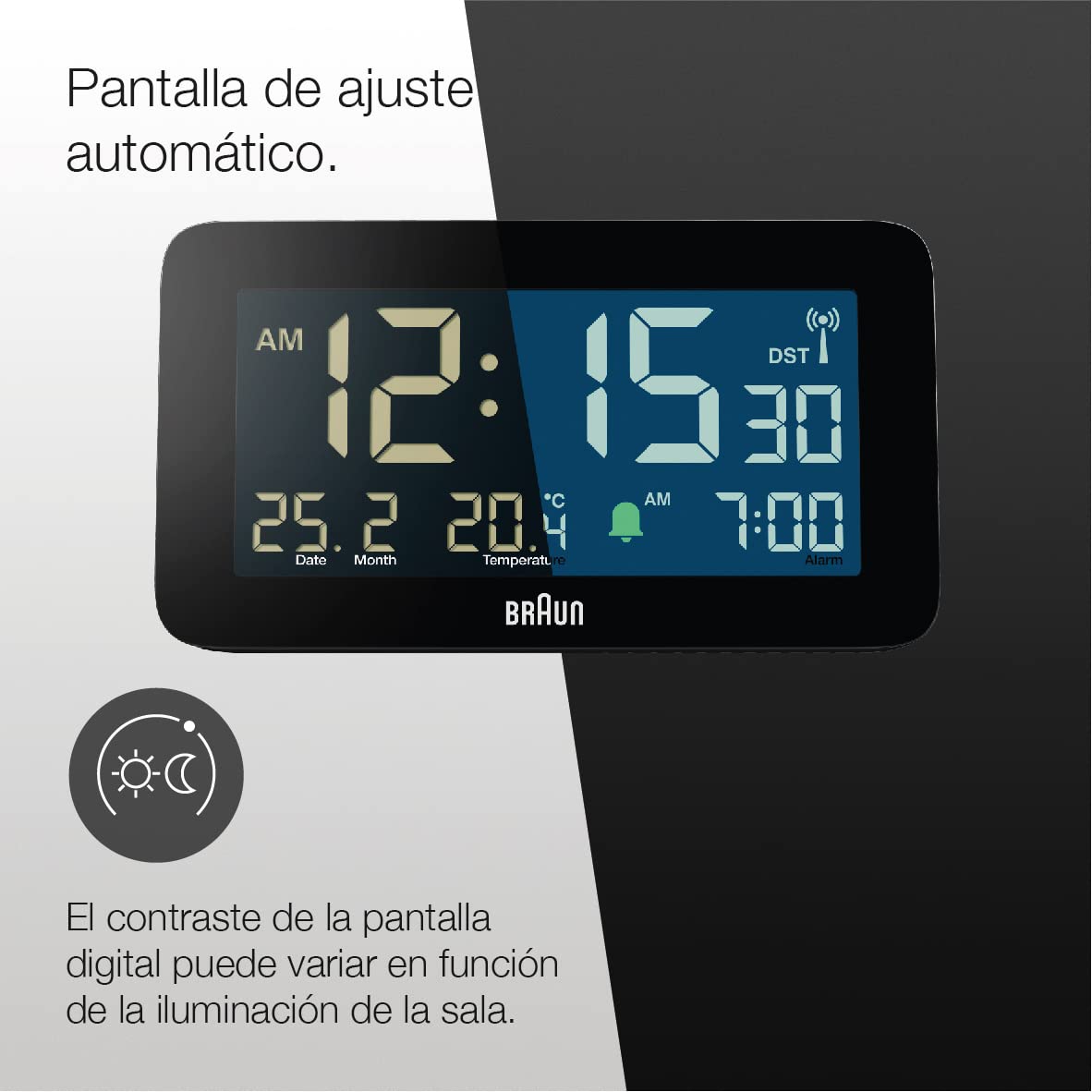 Braun Reloj Despertador Digital controlado por Radio Zona horaria de Europa Central (DCF) con visualización de Fecha, Mes y Temperatura, Pantalla LCD Negativa, Negro, Modelo BC10B-DCF.