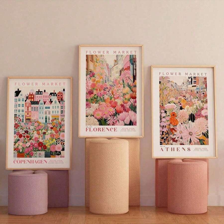 lianyibo 3 szt. plakat na targ kwiatowy botaniczna sztuka ścienna, botaniczny różowy kwiat plakat salon płótno dekoracja ścienna (20 x 30 cm x 3/rama wewnętrzna)