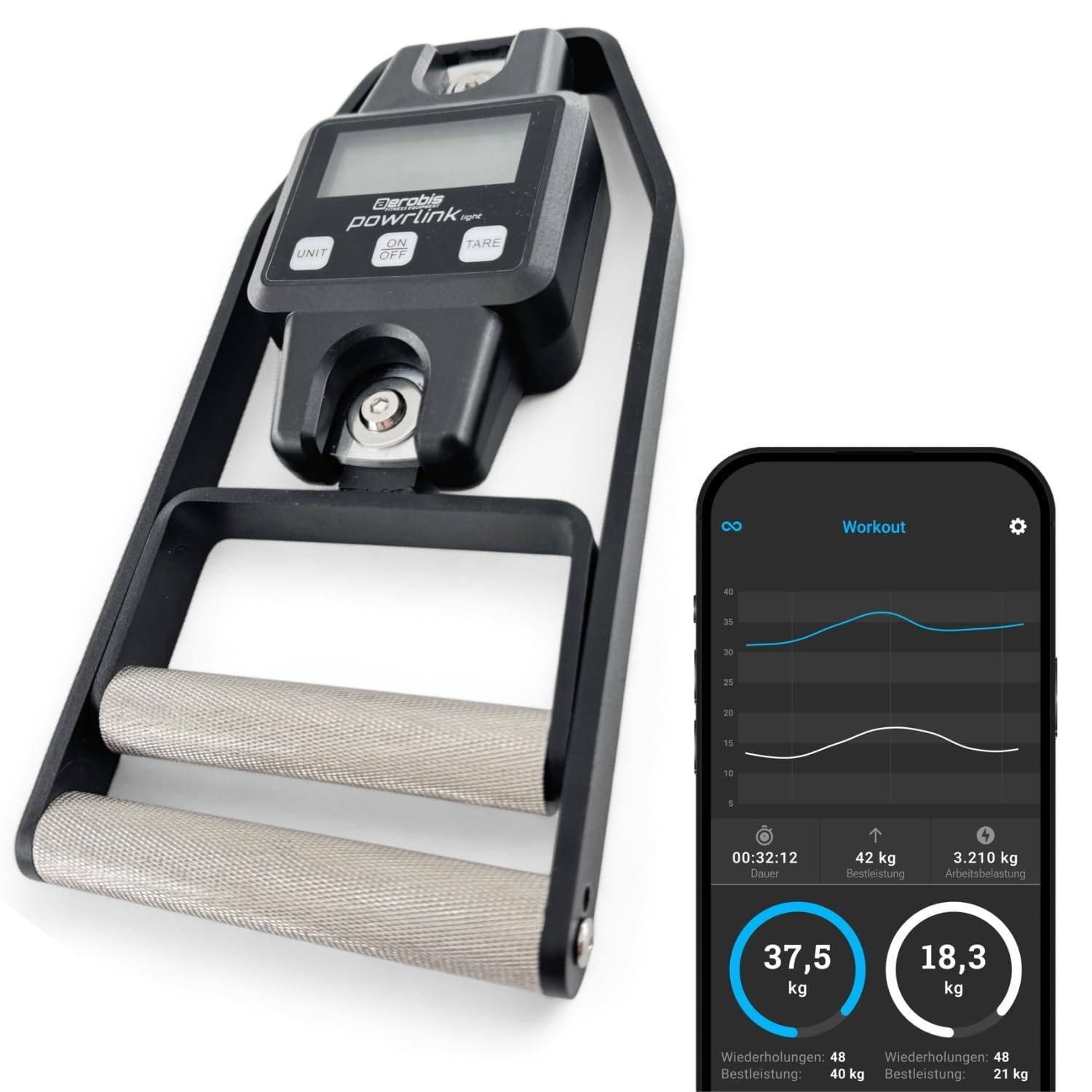 aerobis®  Powrlink  Griffkraftmesser - inkl. Live-Tracking App - hochpräziser Handdynamometer & Griffkraft‑Messgerät bis 300 kg - Digitale Griffkraftmessung für Sport, Fitness, Reha & Krafttraining