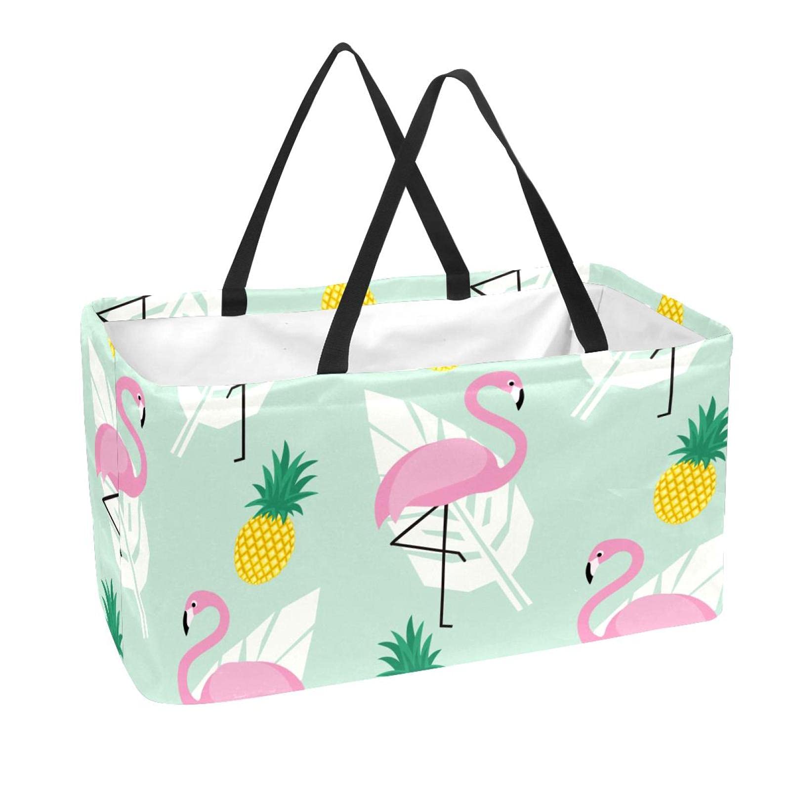 Grand panier de courses pliable et lavable à motif flamant rose avec fond renforcé