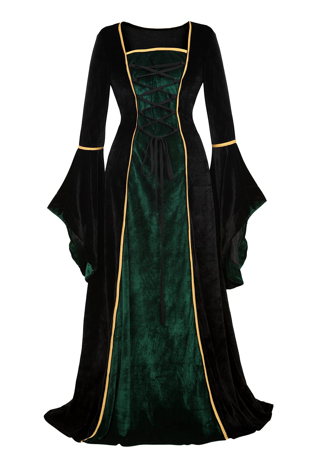 Lehauya Womens Renaissance Costume Dress Medieval Velvet Lace Up Faire Gown | Velvet renaissance gown with lace-up bodice, flared sleeves and flowing skirt, ideal for cosplay, Halloween and parties