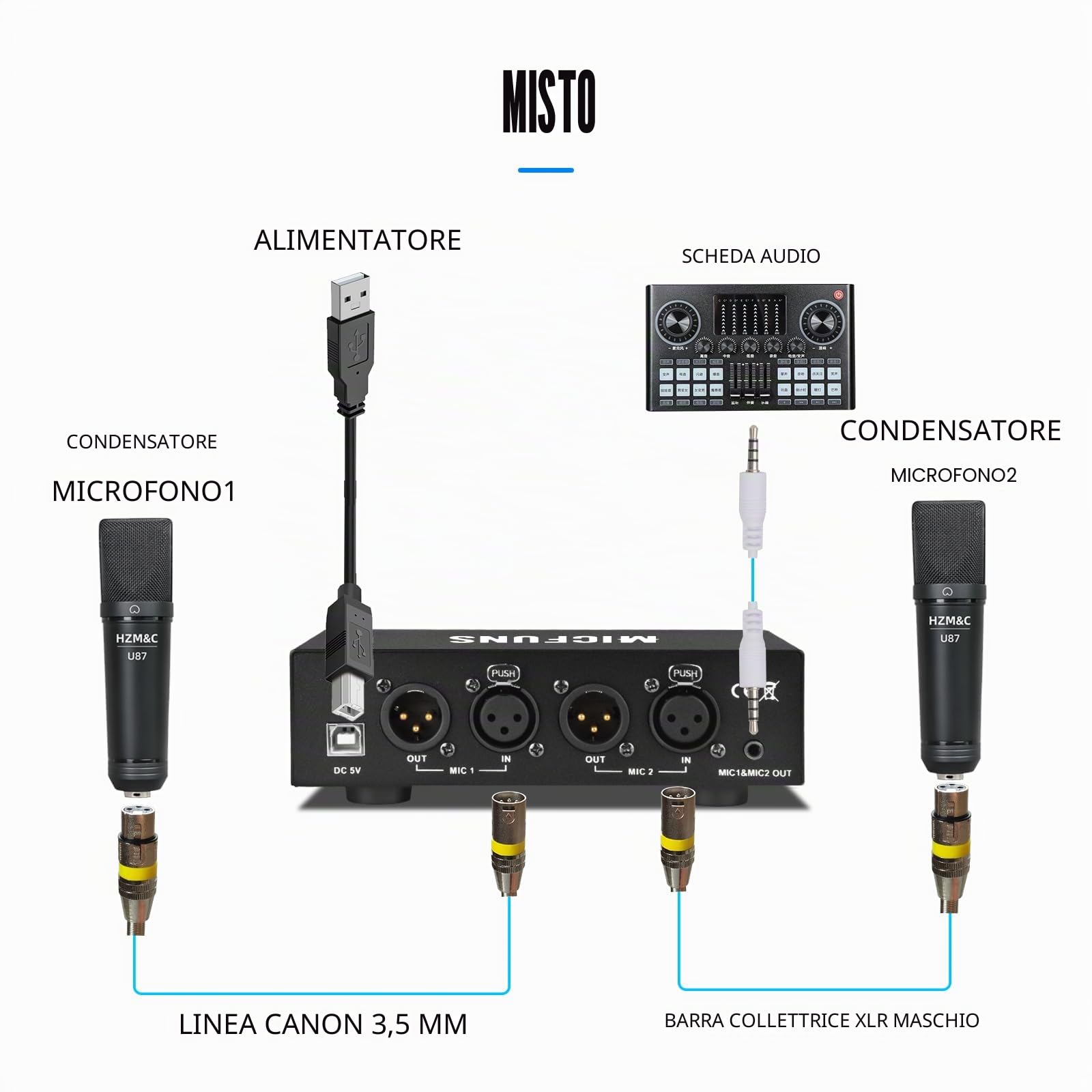MC2 2 canali 48 V alimentazione phantom con cavo audio da 3,5 mm per il collegamento dell'interfaccia audio per microfono a condensatore, dispositivi di registrazione musicali (2 canali)