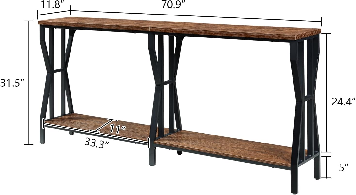 HOMISSUE Sofa Console Table, 70.9" Extra Long Sofa Table with 2-Tier Storage, Industrial Narrow Console Tables Behind Couch, Hallway Table for Entryway, Living Room, Rustic Brown