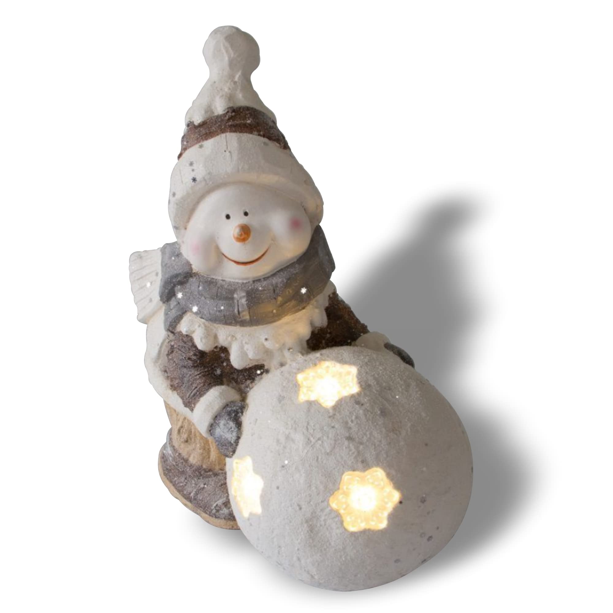 NATIV Lemodo Weihnachtsdeko Schneemann mit LED beleuchteter Schneekugel | Weihnachtsschmuck aus Magnesia | Weihnachtsfigur 41 cm hoch | Tolle Geschenkidee zu Weihnachten