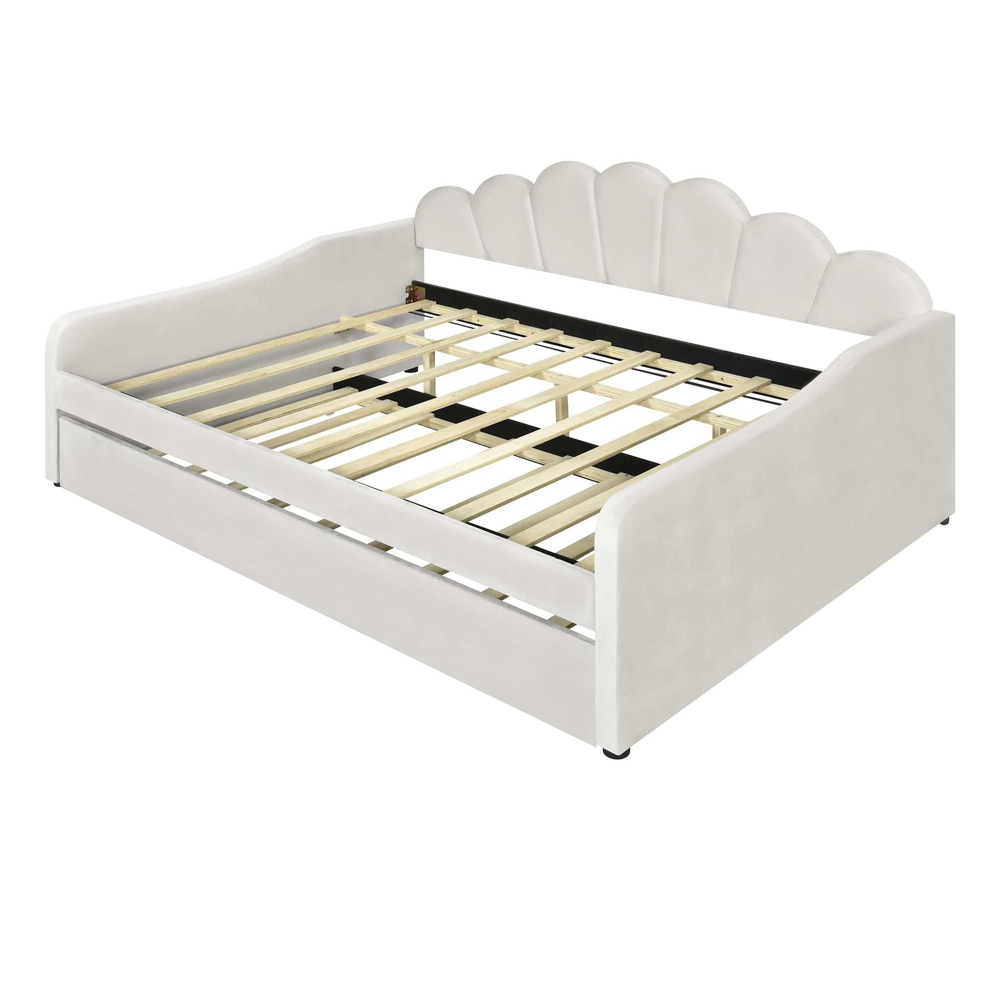 lapday Elegant Full Size Upholstery Daybed Frame with Trundle and Shall Shaped Backrest,for Bedroom, Guestroom, Small Space(White,79.9''L x58.3''W x