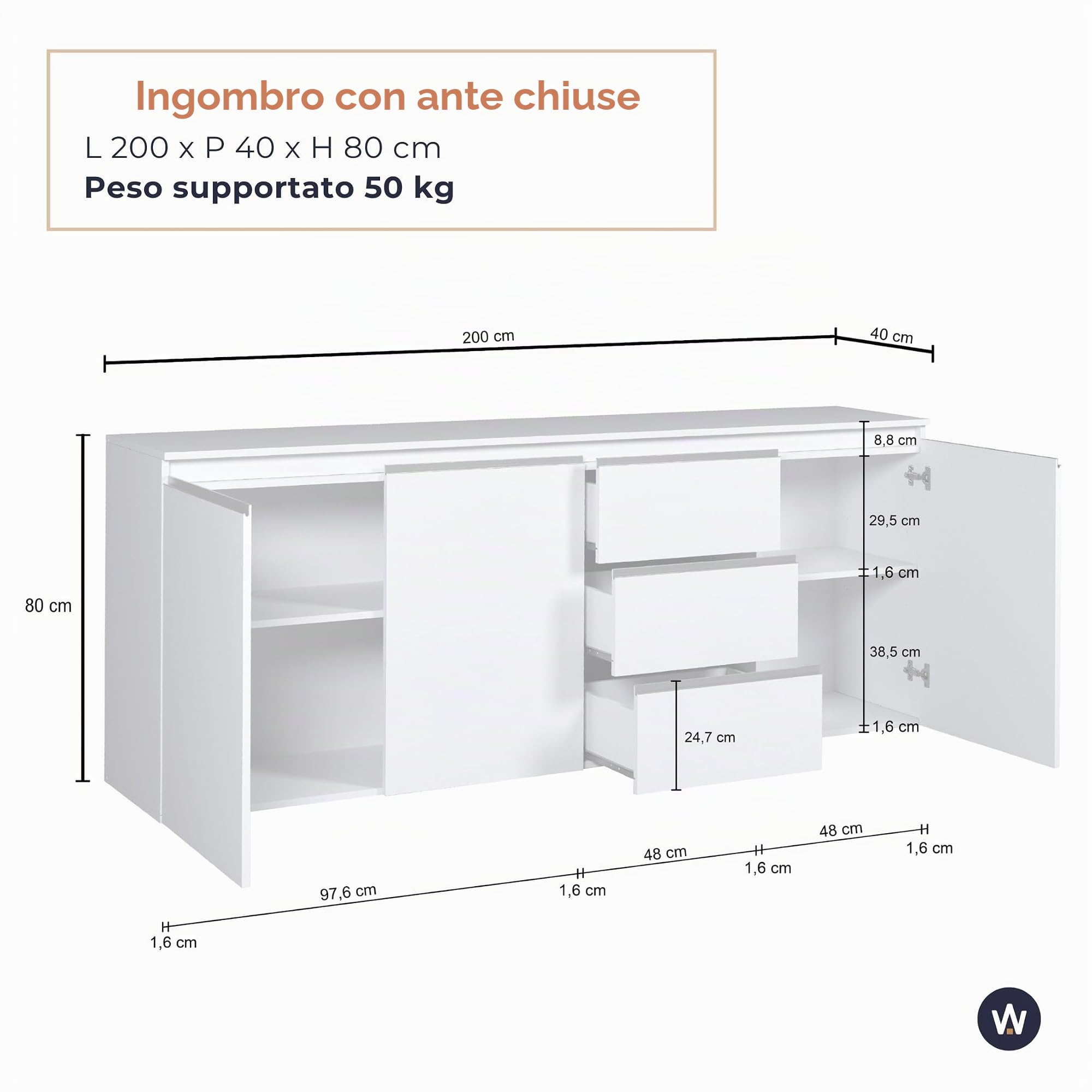 WHOUS Credenza e Buffet MAGIC per Soggiorno con 3 Ante e 3 Cassetti, Madia per Salotto, Cucina e Sala da Pranzo in Legno, 200x40x80, Cashmere