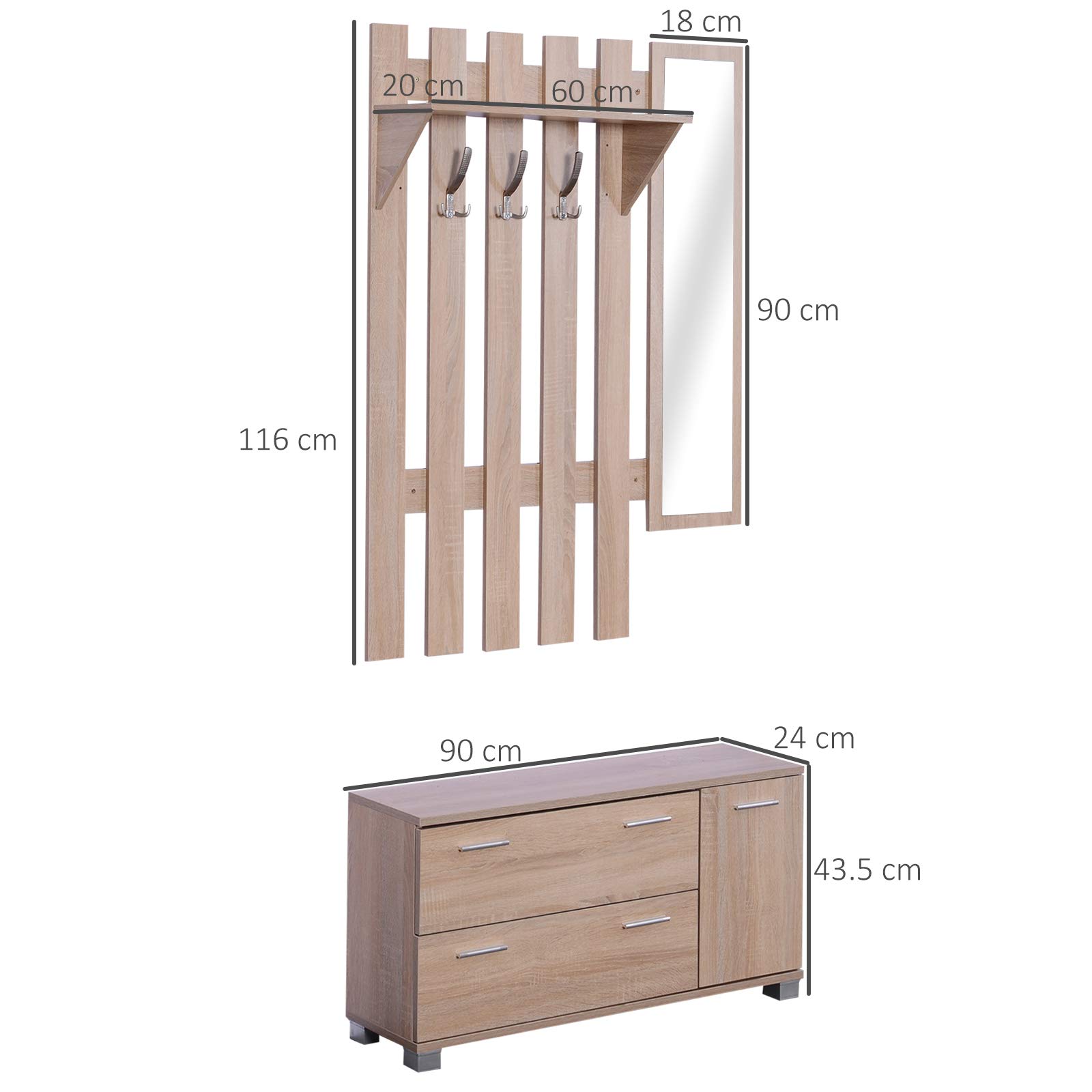 HOMCOM Set Arredo Guardaroba 3 in 1 con Specchio e Scarpiera da Ingresso Pannello Truciolare 90 x 21.5 x 116cm Quercia