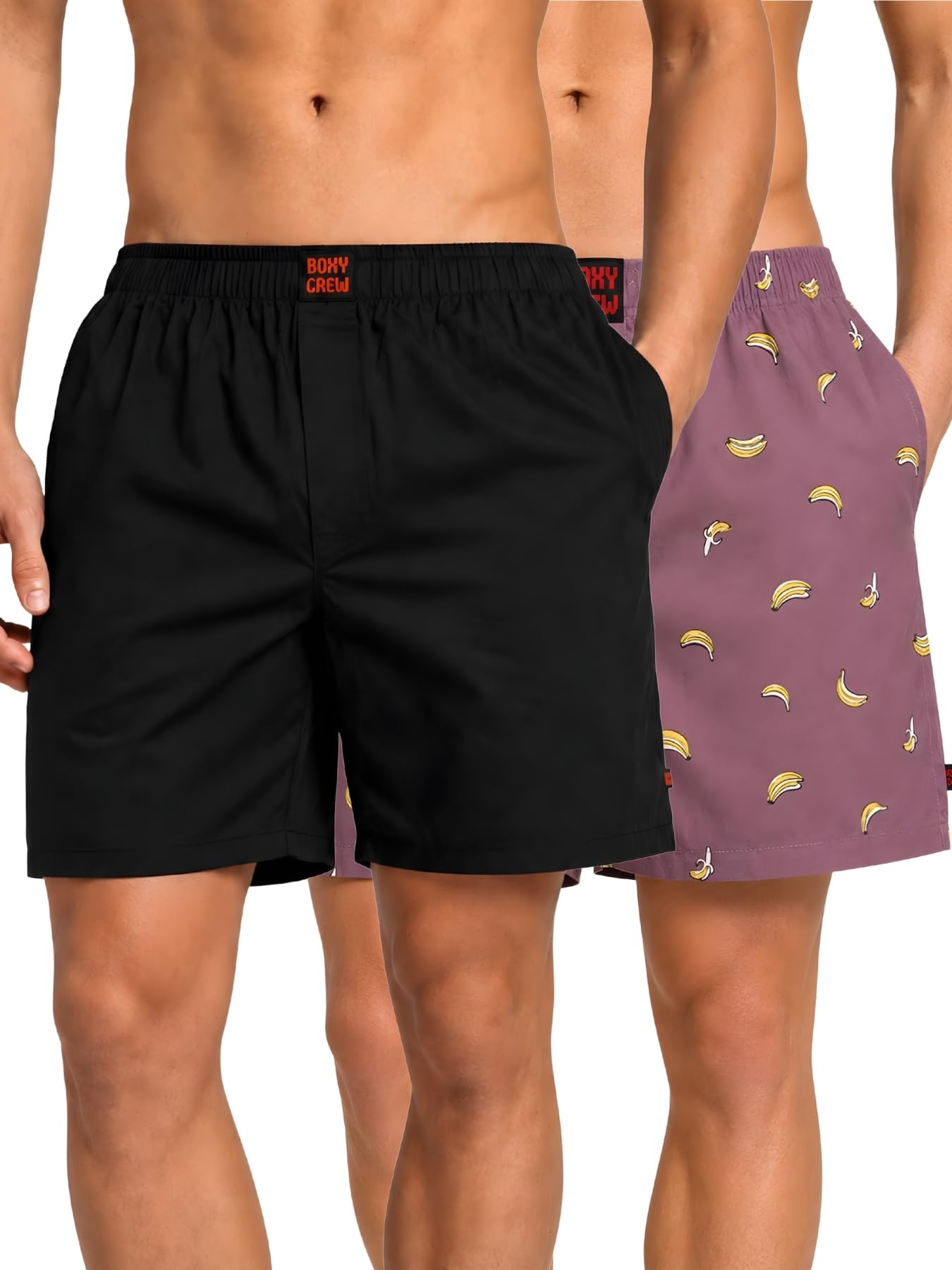 boxy crew Men Boxer Shorts Pack of 2, 100% Cotton Woven Boxers, Black & Rose Pink, Solid & Printed Designs, Dual Side Pockets, No-Marks Inner Elastic Waistband, Relaxed Lounge & Sleep Shorts-picture-13