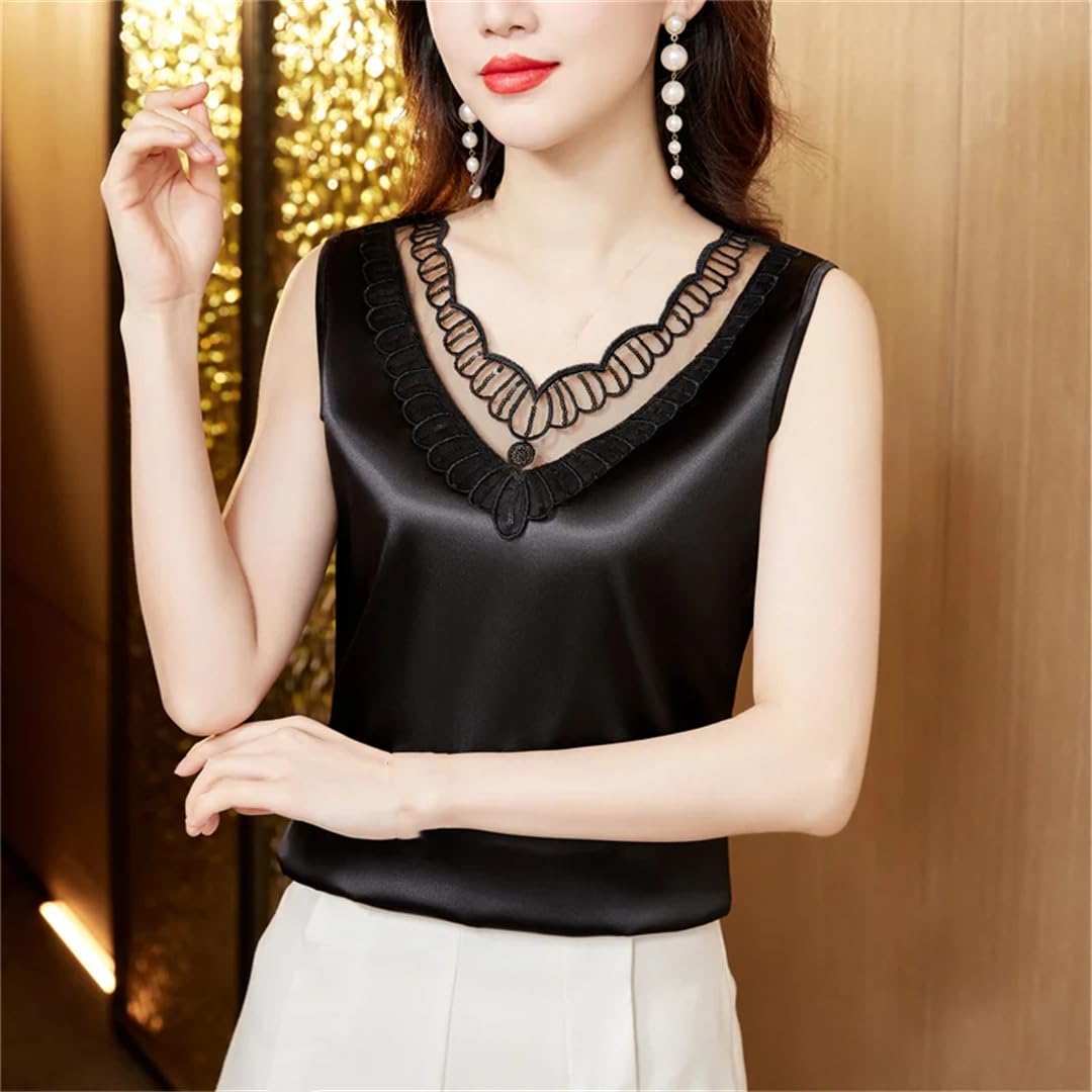 Camicetta da donna con scollo a V allentata casual estiva senza maniche in seta con