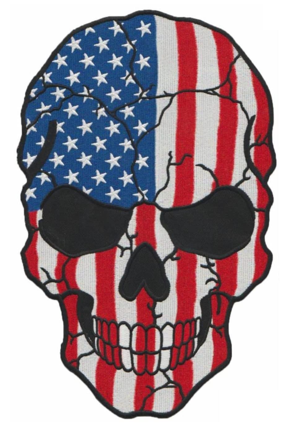Large Skull Patch with American Flag, 10 inches - Iron On/Sew On - Big Patch for Jacket, Biker Vest, Calavera, Motorcycle Biker Jacket