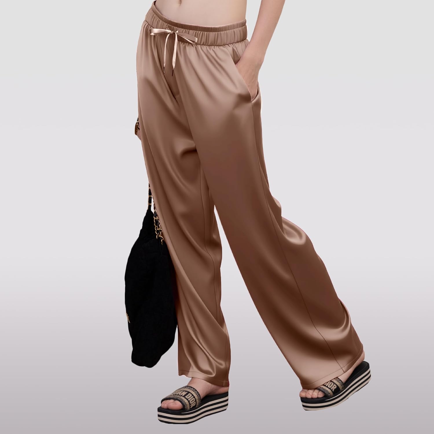 LWQ&ROSE Women's Silky Wide-Leg Pants Lightweight Satin Straight High Waist Straight Trousers with Pockets 2025 Daily Casual Outfits(US, Alpha, X-Large, Regular, Regular, Brown-Thin Style) - Image 2