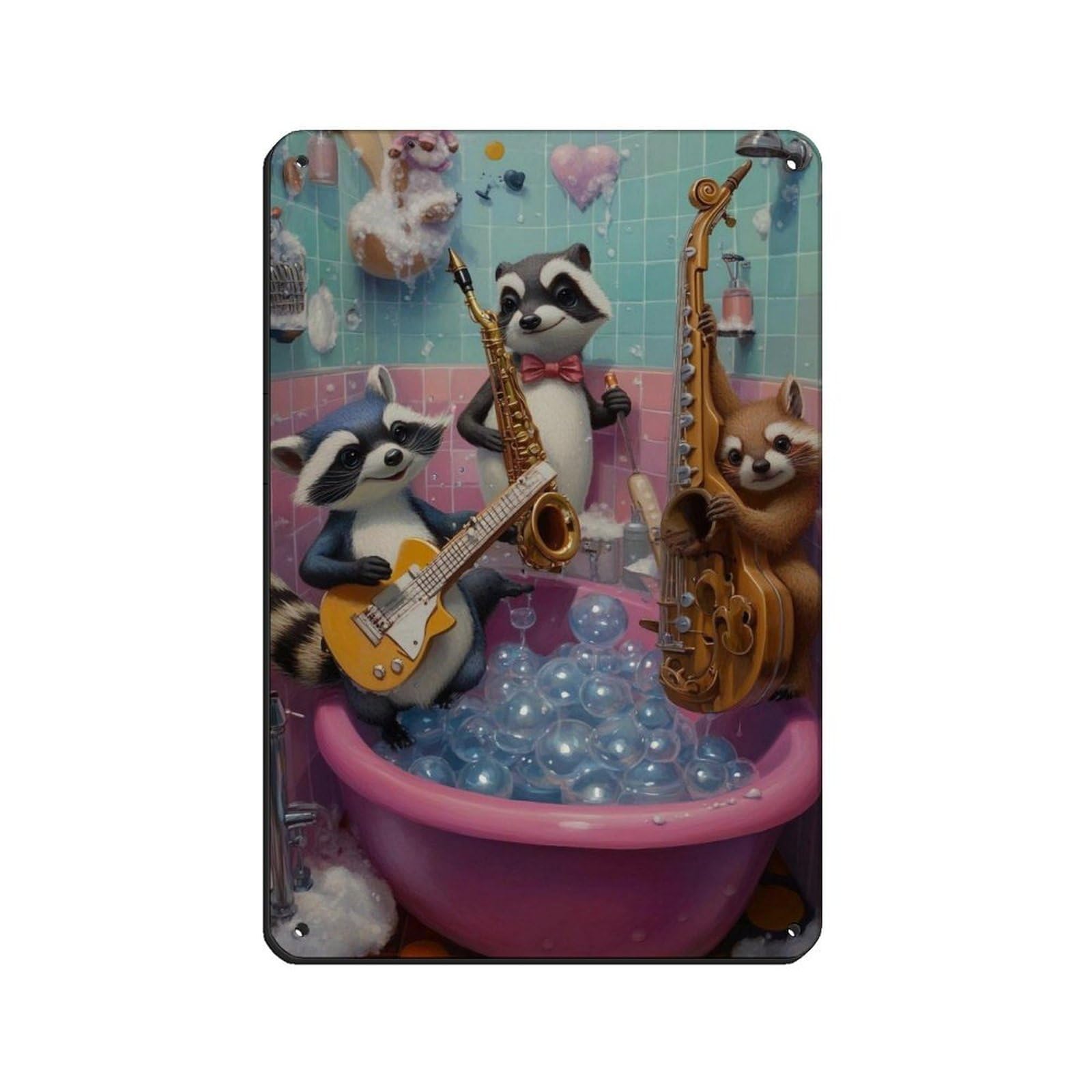 Cute Racoon Band, Adorable Animal Music Decor Retro Poster Metal Tin Sign Chic Art Retro Iron Painting Bar People Cave Cafe Family Garage Poster Wall Decoration 8x12inch(20x30cm)