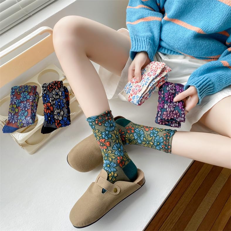 Vintage Embroidered Floral Socks for Women, Combed Cotton Crew Socks4