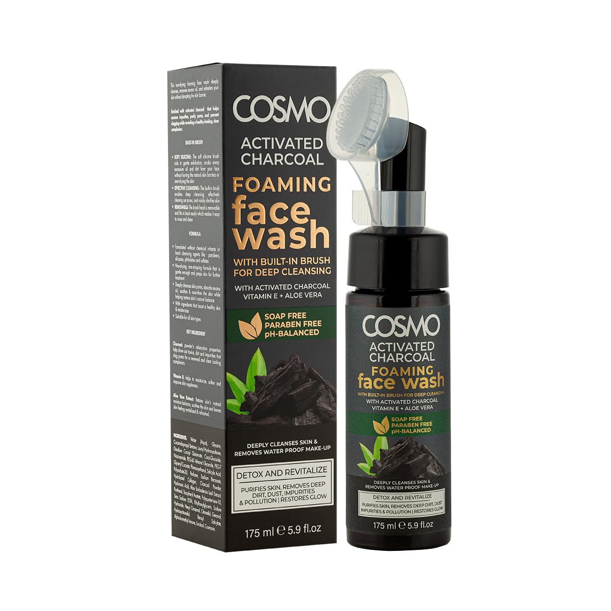 Cosmo Activated Charcoal Foaming Face Wash 175ml, With Built-in Brush for Deep Cleansing, Paraben Free, Purifies Skin, Removes Deep Dirt, Dust, Impurities & Pollution | Restores Glow, For Daily Use