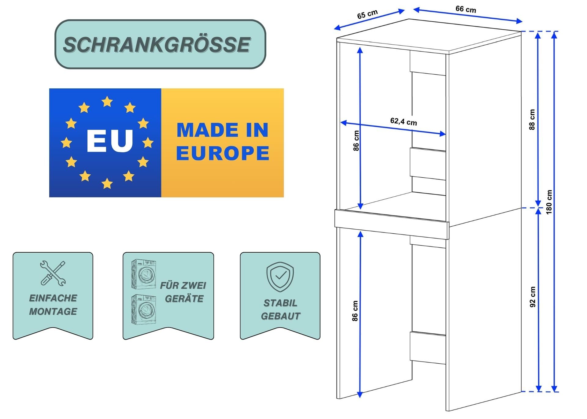 CraftPAK Waschturm - Waschmaschinenschrank für Waschmaschine & Wäschetrockner | Schrank Waschmaschine für Waschküche - Möbel Größe 66x180x65 cm Braun