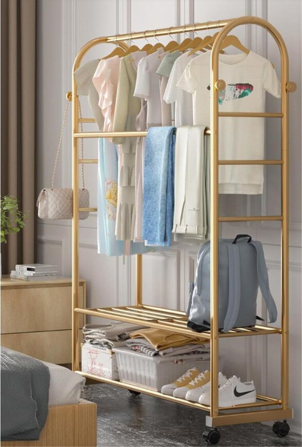 Rolling Coat Rack With Shelf & Wheels - Gold Garment Rack For Bedroom Or Store (150x40x155cm)