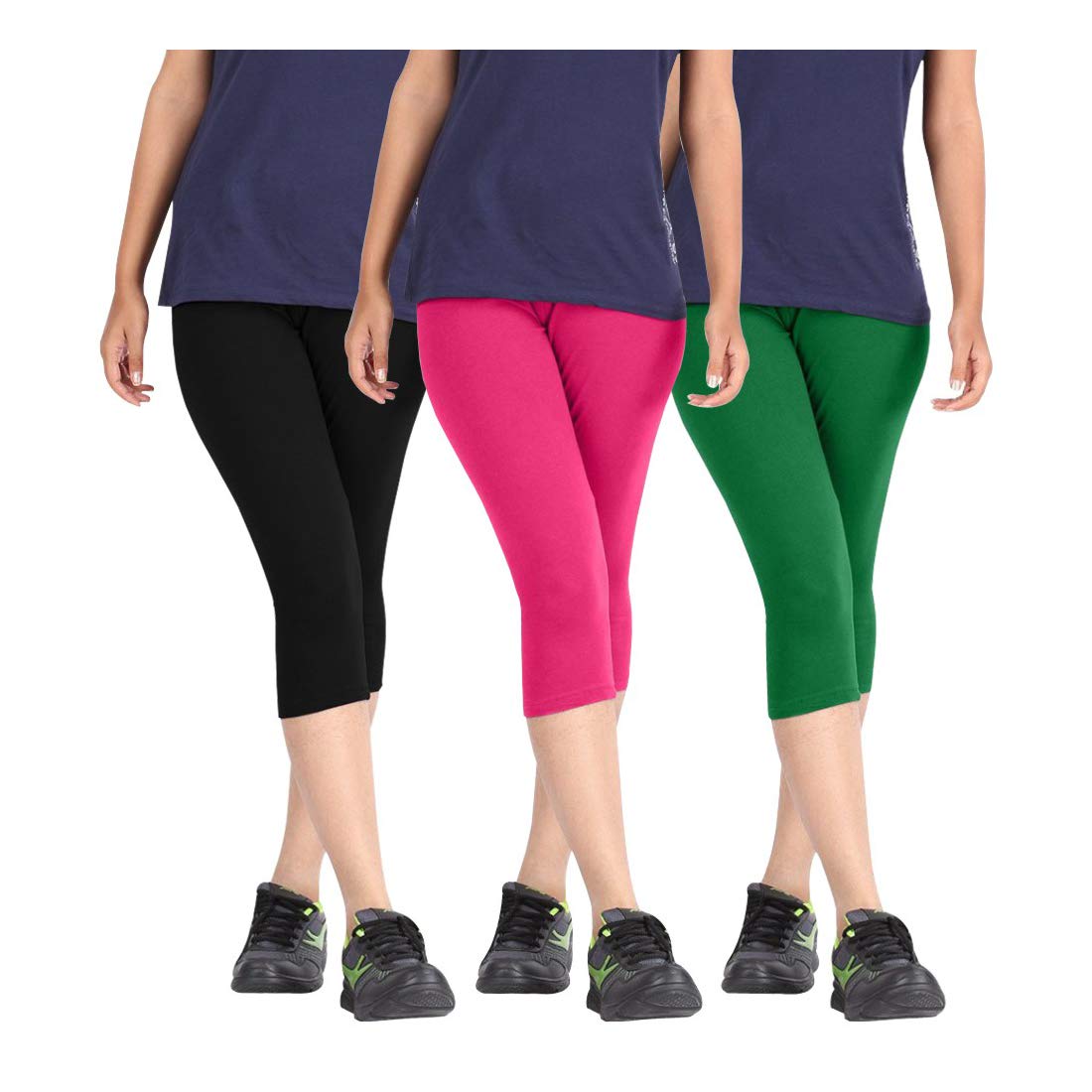 pixie fashion Biowashed Cotton Stretchable Capri Leggings Combo Pack of 3 for Women/Girls (Black, Pink and Green) - Free Size-picture-26