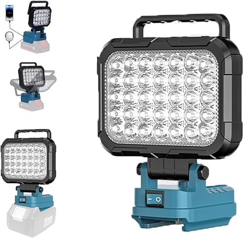 Lampe Led Rechargeable pour Batterie Makita 18V, 4800LM lampe de travail LED Sans Fil avec 2 ports de Charge USB et Crochets Pour Garage Camping Chantier, Sans Batterie