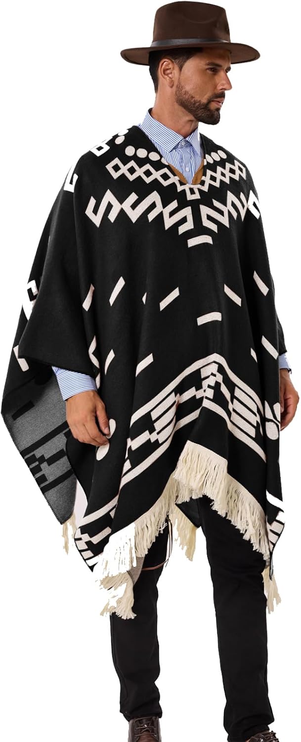 JXVX Western Cowboy Poncho Serape Authentic Mexican Hippie Alpaca Wool Poncho Halloween Western Theme Party Costume - Image 4