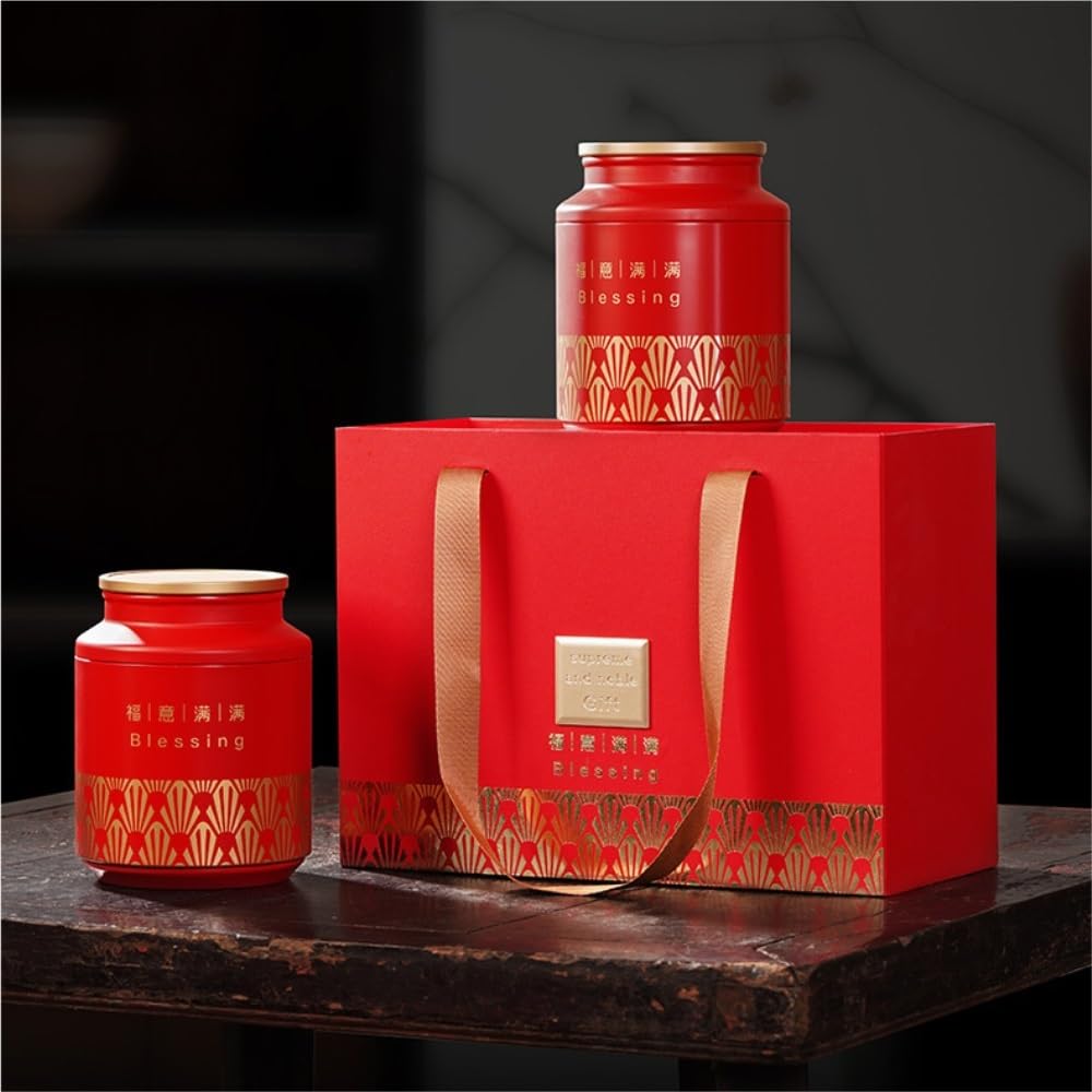 Tea Coffee Sugar Canisters Lose Tee Storage Pot Kitchen Closed Pot Round Dose Retro Chinesisches Tee-Set Doppeltopf Geschenkbox Set Küchendosen (A)