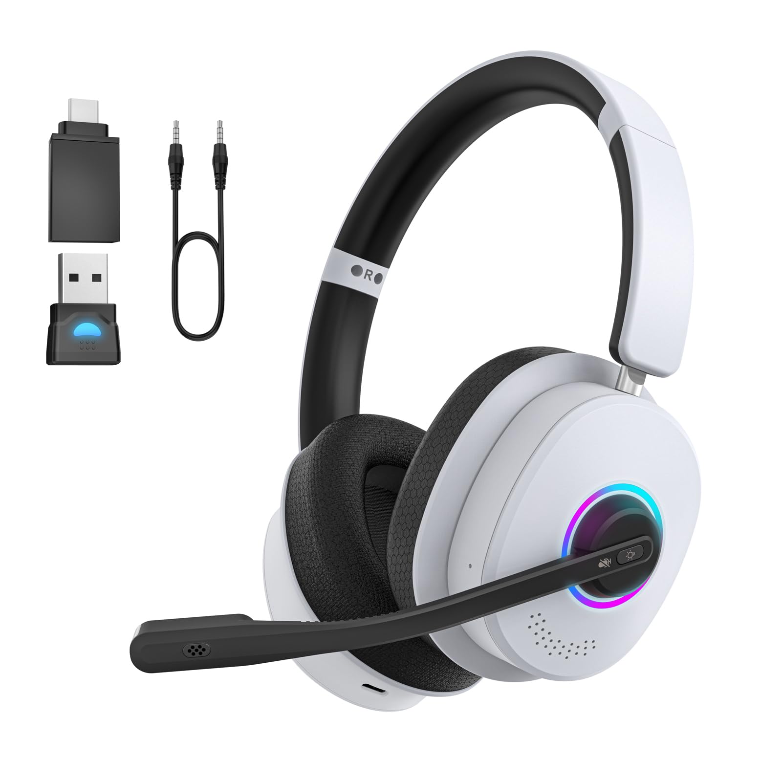Gaming Headset für PS5/4, Xbox, PC, Switch, Mac, Headset mit Mikrofon Bluetooth 6.0, Kabellose Kopfhörer mit Stummschaltung & Rauschunterdrückungs, Verstellbar RGB Lichter, USB-Dongle, 91 Stunden