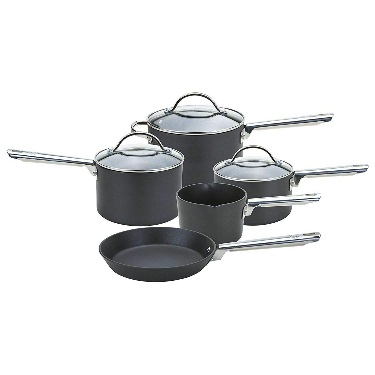 Anolon Professional Non Stick Pots and Pans Set of 5 - Cookware Set with Milkpan, Saucepans with Toughened Glass Lids & Frying Pan, Oven & Dishwasher Safe Cookware, Black