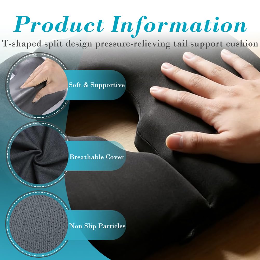 Cojín ortopédico de espuma viscoelástica con forma de T – Cojín ergonómico para el coxis para aliviar la presión para sentarse durante largos períodos de tiempo en la oficina, el coche, la